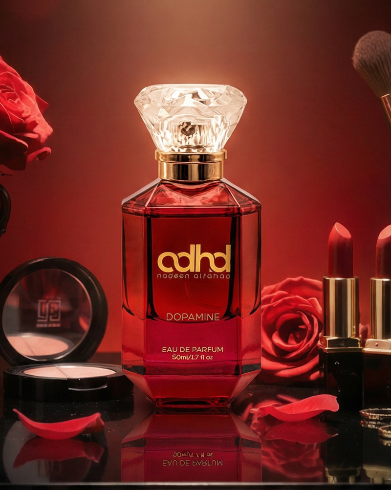 Dopamine Eau de Parfum red bottle with red roses, lipstick and makeup