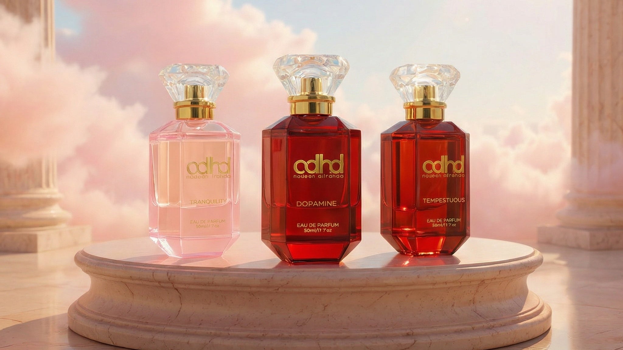Three perfume bottles on a pedestal with classical columns and pink clouds in the background